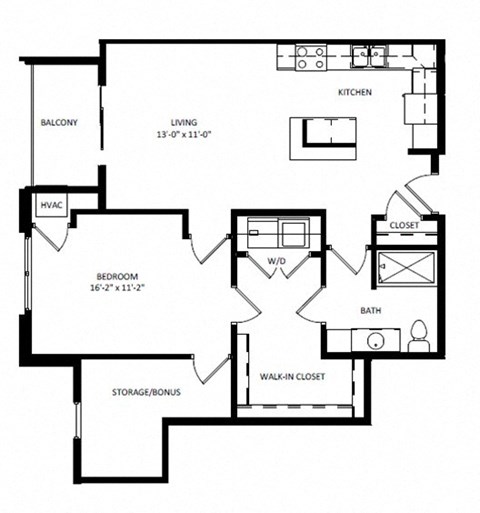 Floor plan for 1 bed, 1 bath, 982 sqft